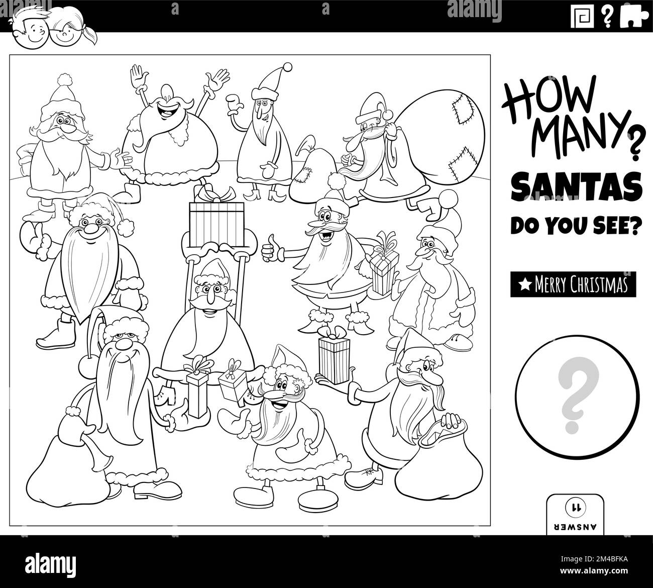 Black and white illustration of educational counting task with cartoon ...