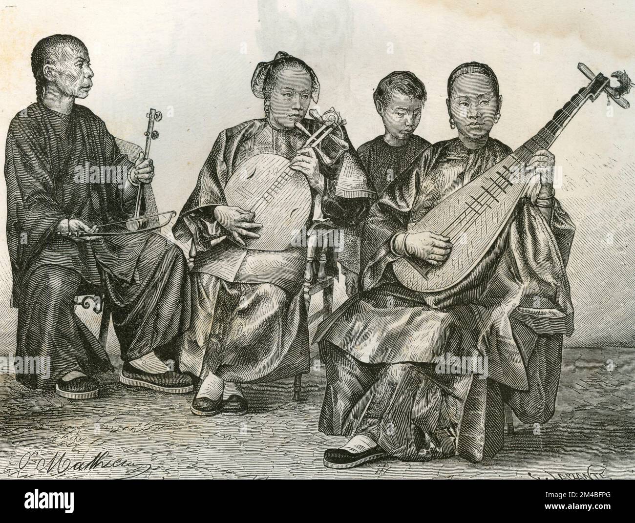 Itinerant Chinese musicians, China, illustration 1871 Stock Photo
