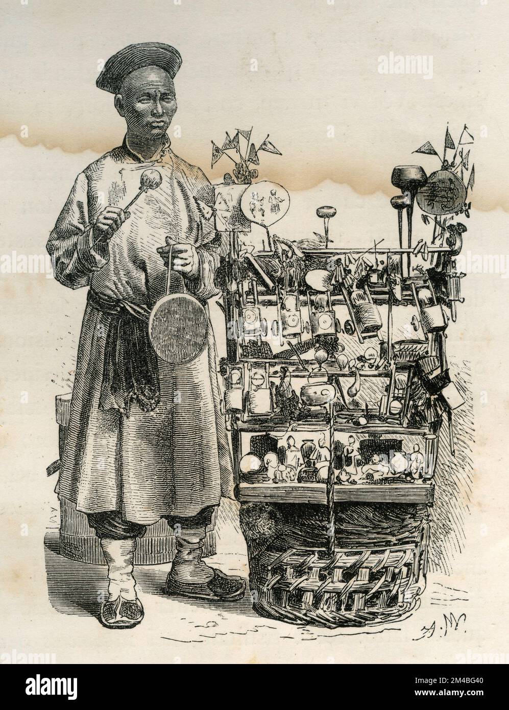 Itinerant merchant of toys, China, illustration 1860s Stock Photo