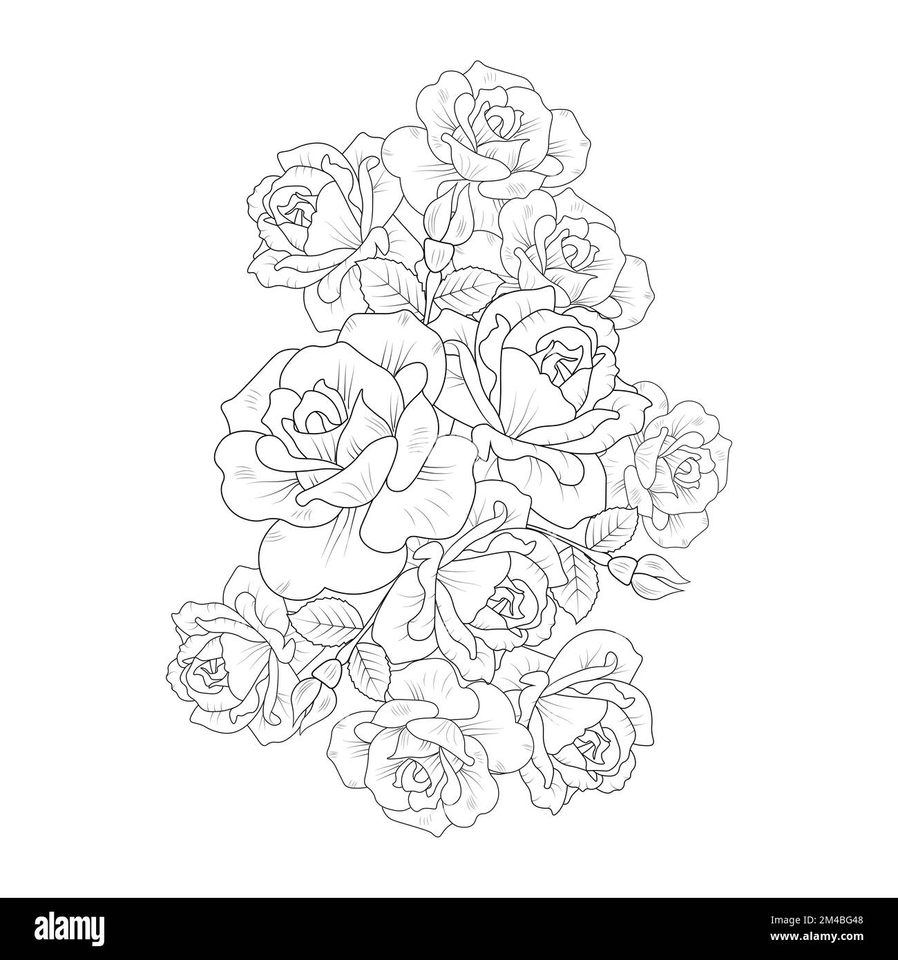 Bouquet Of Roses Coloring Pages - Flower Coloring Page Of Rose Illustration And Rose Line Art With Leaves Pencil Drawing 2M4BG48 