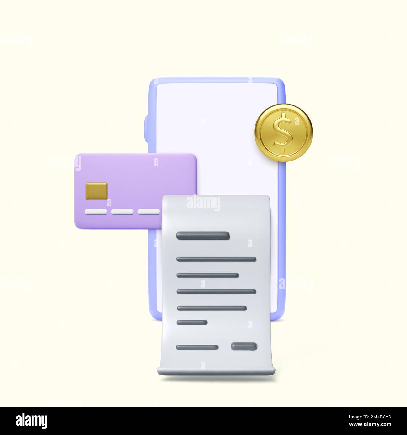 3D bill with smartphone credit card and gold coin. Internet banking or online payment service concept. Receipt icon for mobile app. Vector illustratio Stock Vector