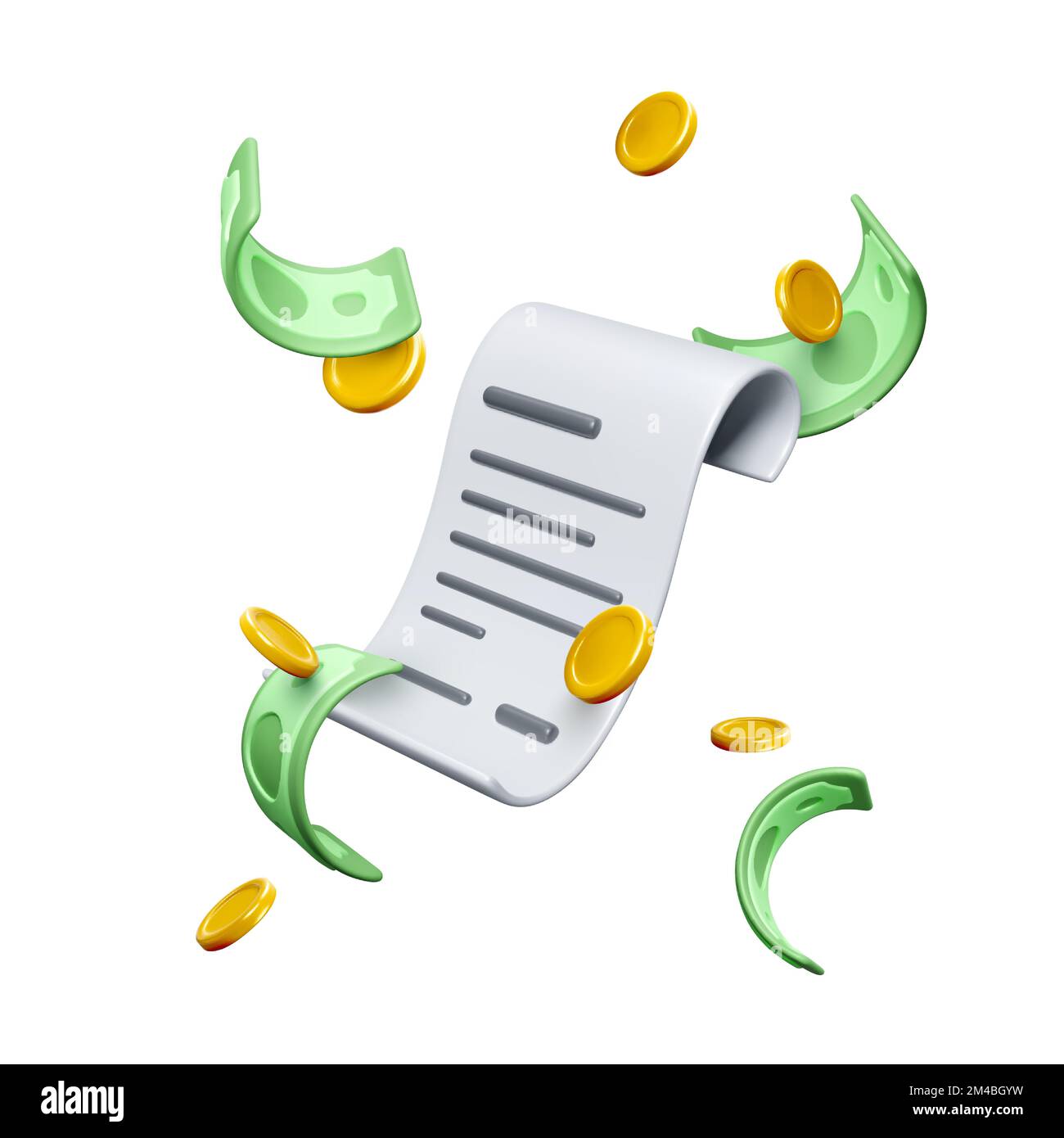 3D check with falling gold coins and green paper currency. Payment bill and realistic money in cartoon style. Business design element for banners. Vec Stock Vector