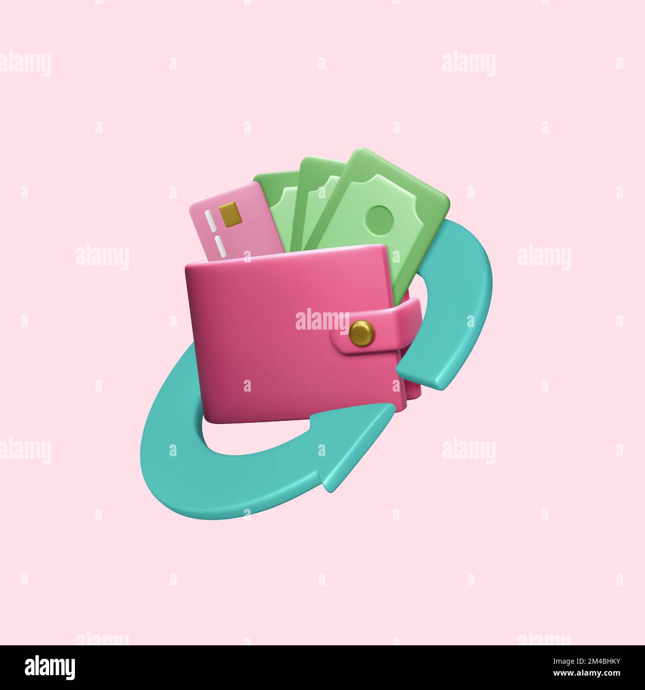3D cartoon realistic wallet with papr dollars and pink credit card and arrow around. Business concept. Payment or cash back service. Vector illustrati Stock Vector