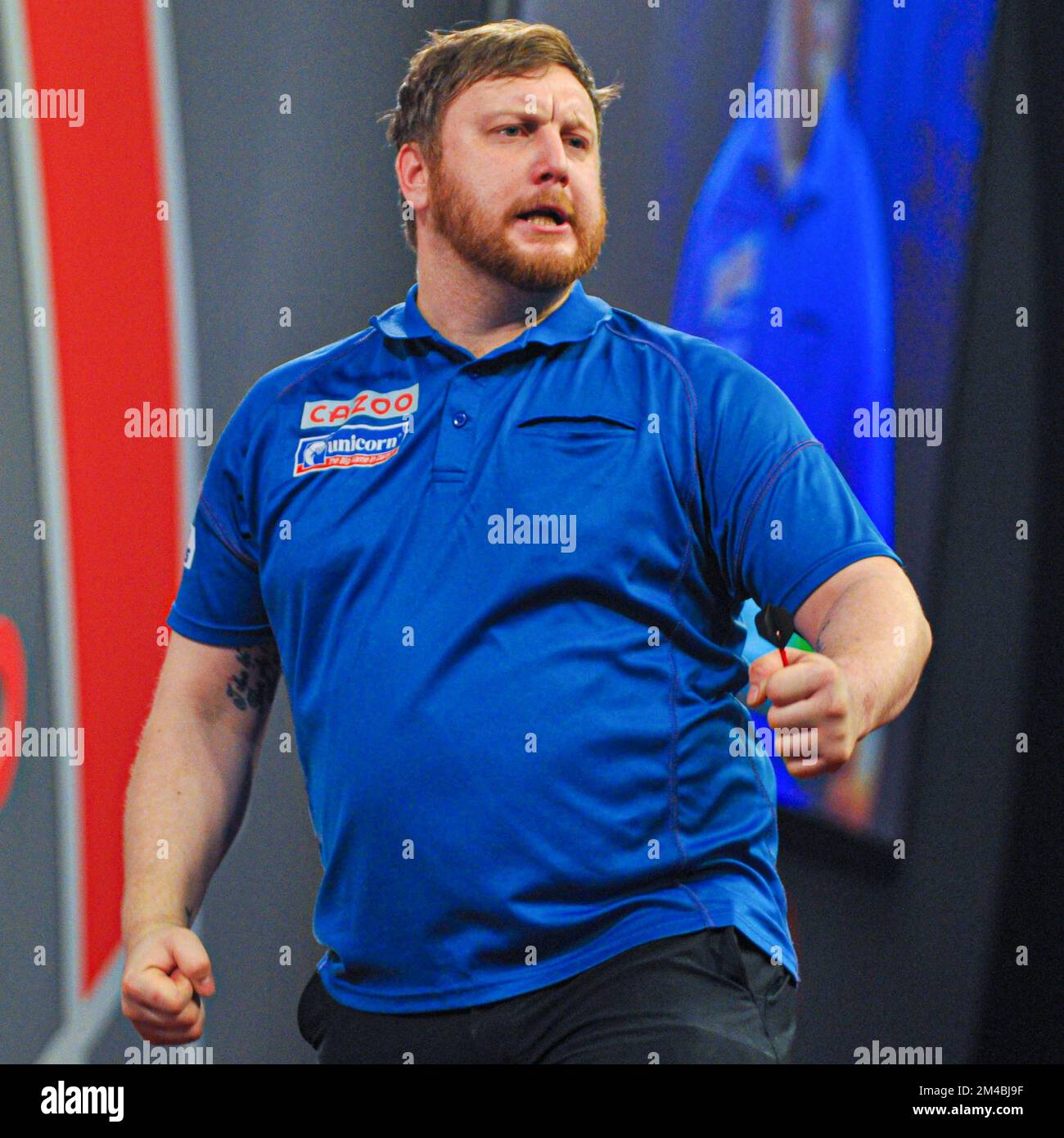 LONDON, UNITED KINGDOM - DECEMBER 17: Cameron Menzies of Scotland reacts  during his First Round match at the 2022/23 Cazoo World Darts Championship  at Alexandra Palace on December 17, 2022 in London,