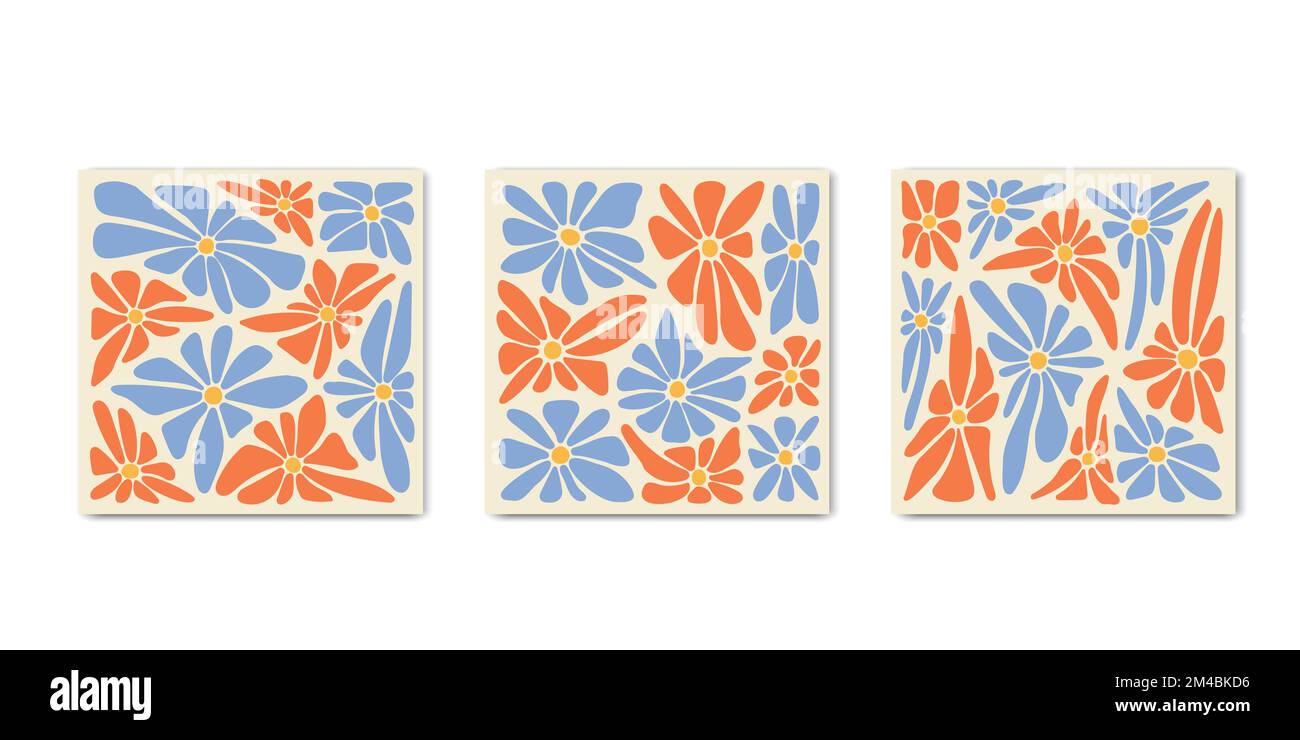 1970 retro groovy daisy flowers square posters. Abstract wavy covers