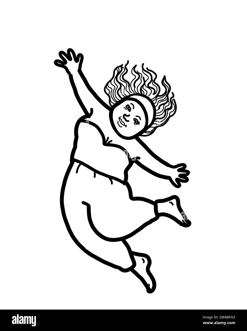 A young happy woman jumping, arm raised. Illustration black and white outline drawing with a copy space. Stock Photo