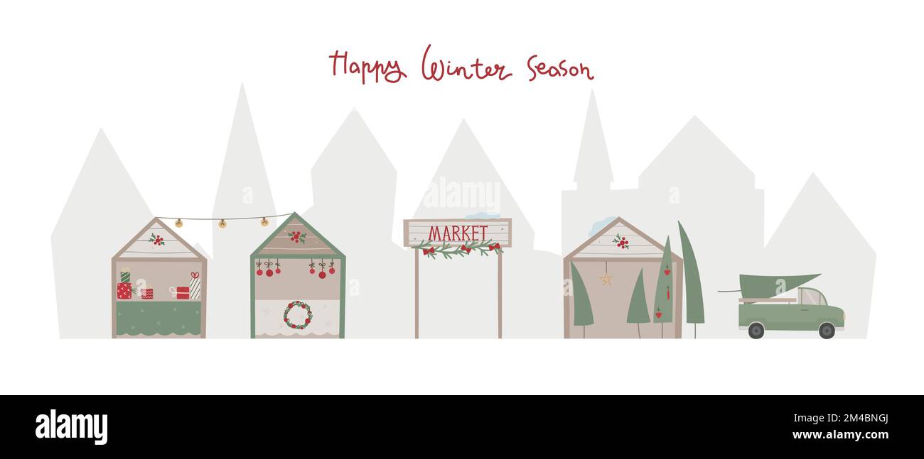 Christmas market with gifts, firs kiosk, wooden winter house. Marketplace for banner Stock Vector