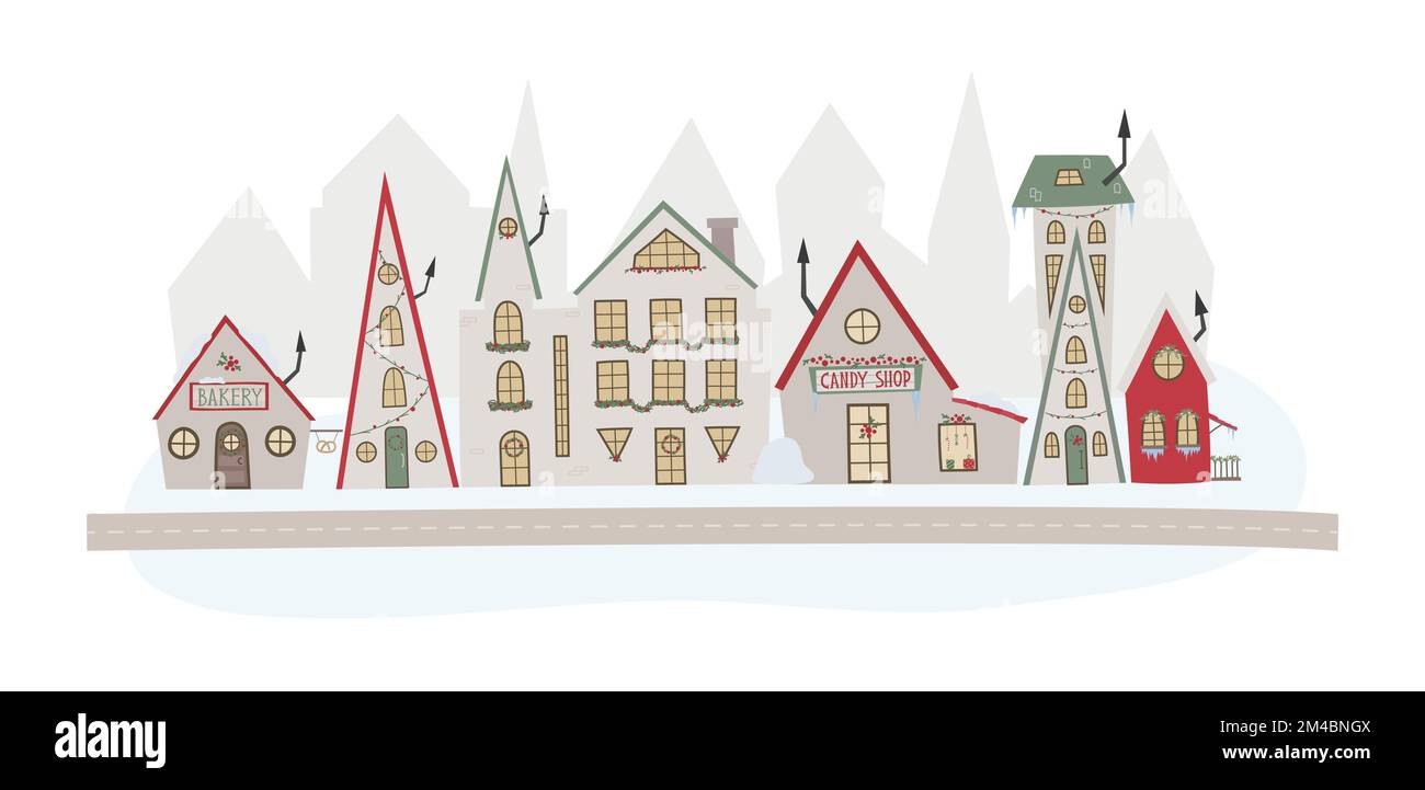 Cute Christmas city, town with bakery, candy shop. Vector illustration ...