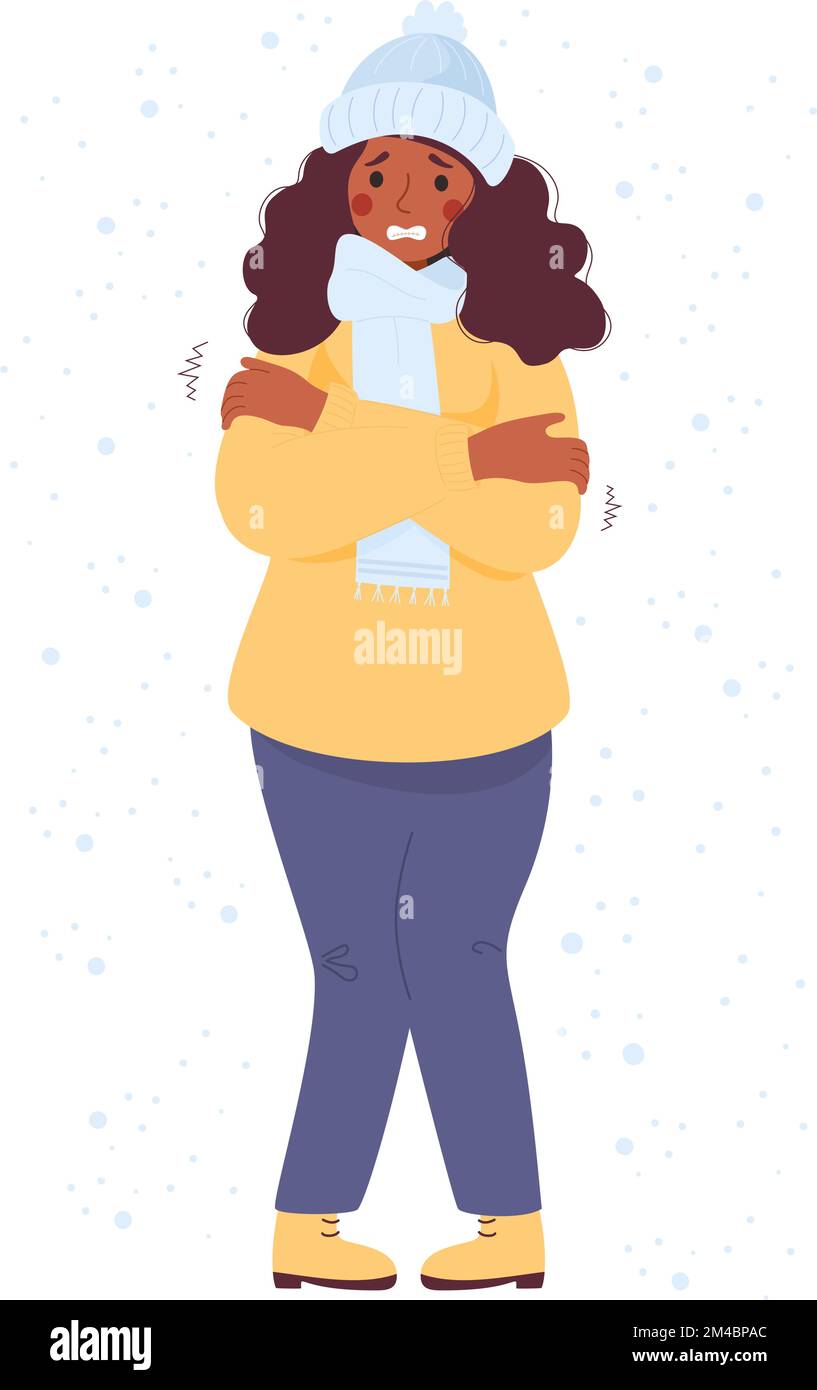 Woman ethnic black freezing wearing winter clothes shivering under snow. Cartoon flat vector illustration. Concept Winter season and suffering of low Stock Vector