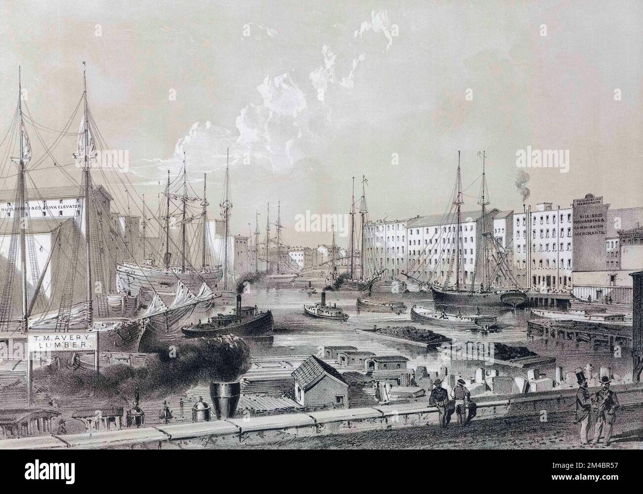 The junction of the Chicago river circa 1866.  After a work by Louis Kurz. Stock Photo