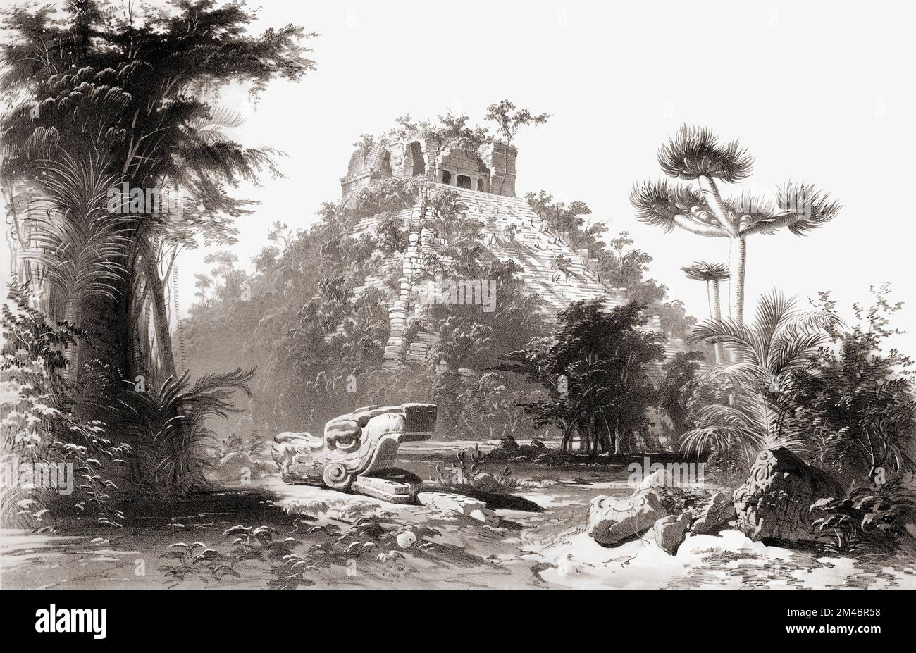 The Mayan temple of Kukulcan, also known as El Castillo at Chichen Itza, Yucatan, Mexico circa 1840.  From Views of Ancient Monuments in Central America: Chiapas and Yucatan by Frederick Catherwood Stock Photo