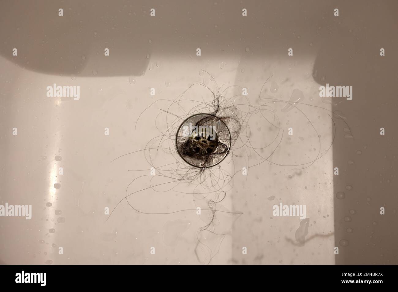 The white bathtub sink with lots of dirty hair and dust, the drain is