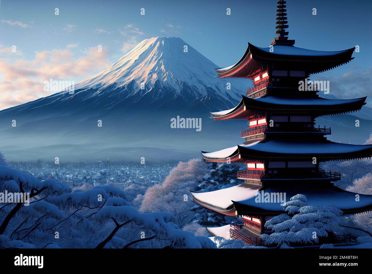 Chureito Pagoda With Mount Fuji In Winter With Snow On Cherry Trees