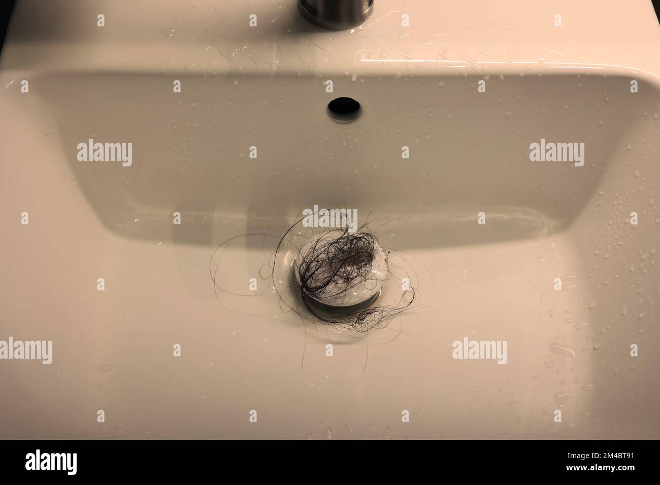 The white bathroom sink with lots of dirty hair and dust, the drain is
