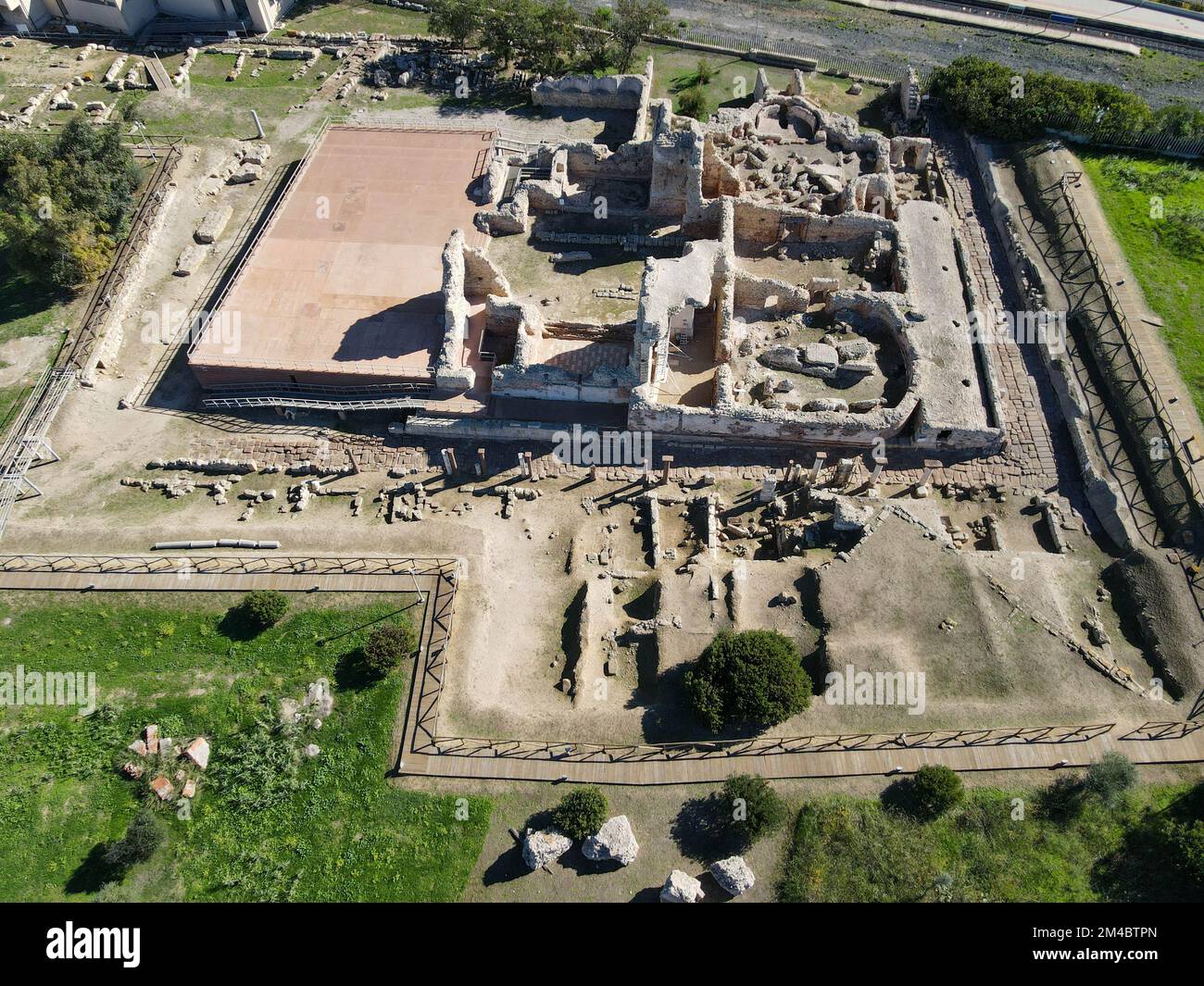 Drone view at the roman archaeological site of Porto Torres on Sardinia in Italy Stock Photo