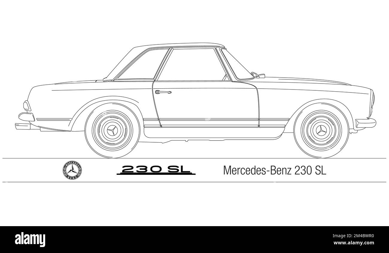 Germany, year 1963, Mercedes Benz 230 SL famous vintage sport car, illustration Stock Photo