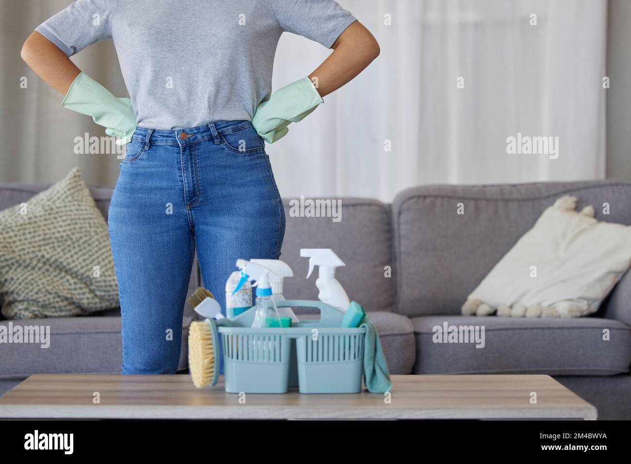 Closeup of woman, cleaning and basket with product in living room, lounge and home of housekeeping, maintenance or disinfection. Cleaner, maid and Stock Photo