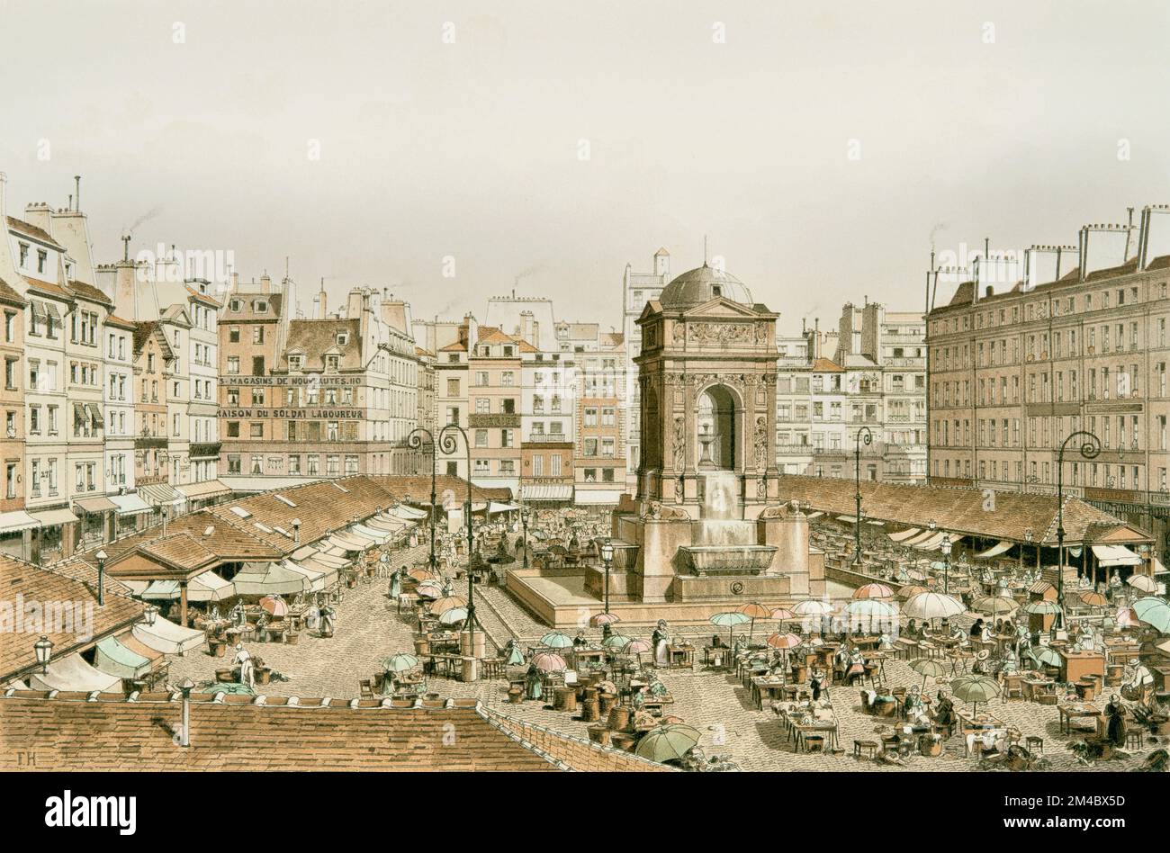 The March of the Innocents in Paris in 1855 (from left to right: rue aux fers, rue Saint Denis, rue Aubry le boucher, fountain of the Innocents, rue Saint Denis, rue du charnier des Innocents) Stock Photo