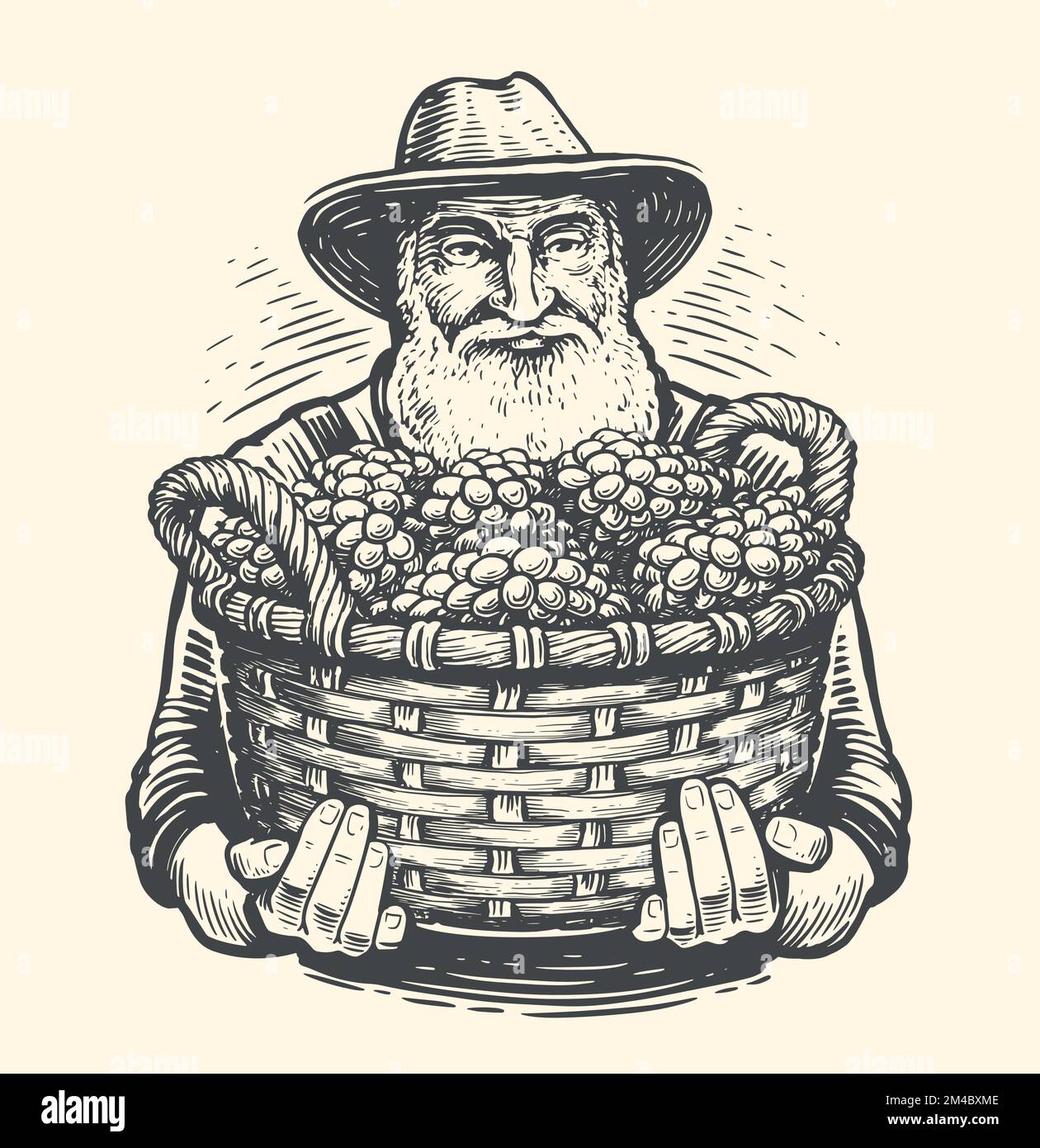 Farmer with a basket of grapes drawn in vintage engraving style. Viticulture, vineyard sketch. Vector illustration Stock Vector