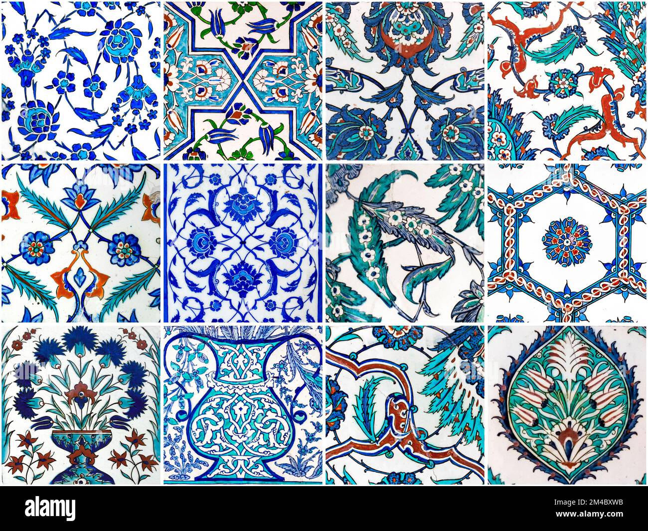 Set of ancient traditional handmade tiles with flowers pattern. Stock Photo