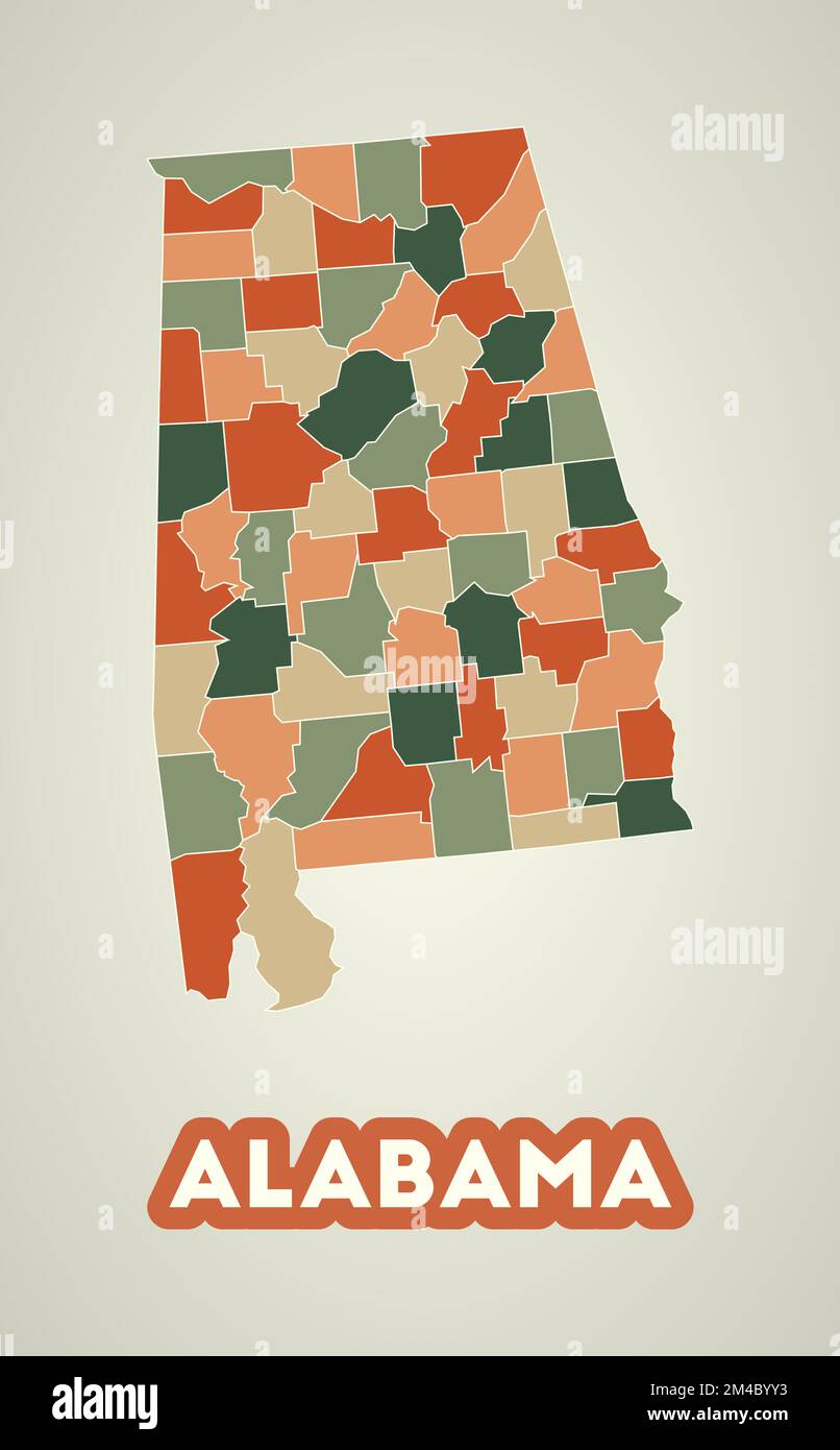 Alabama poster in retro style. Map of the us state with regions in