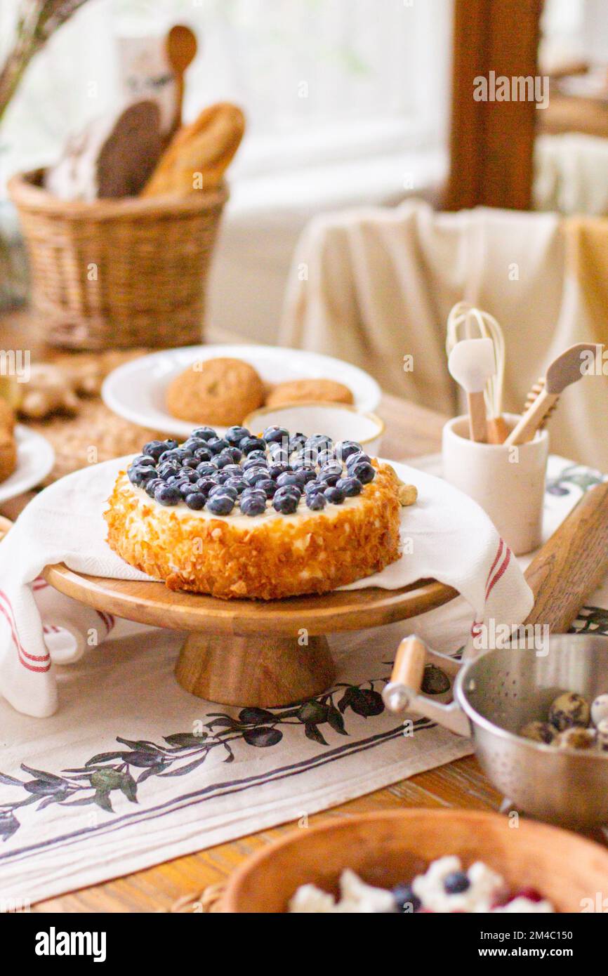 rustic NATURAL eco-friendly food on the decorated table, cottage cheese ...