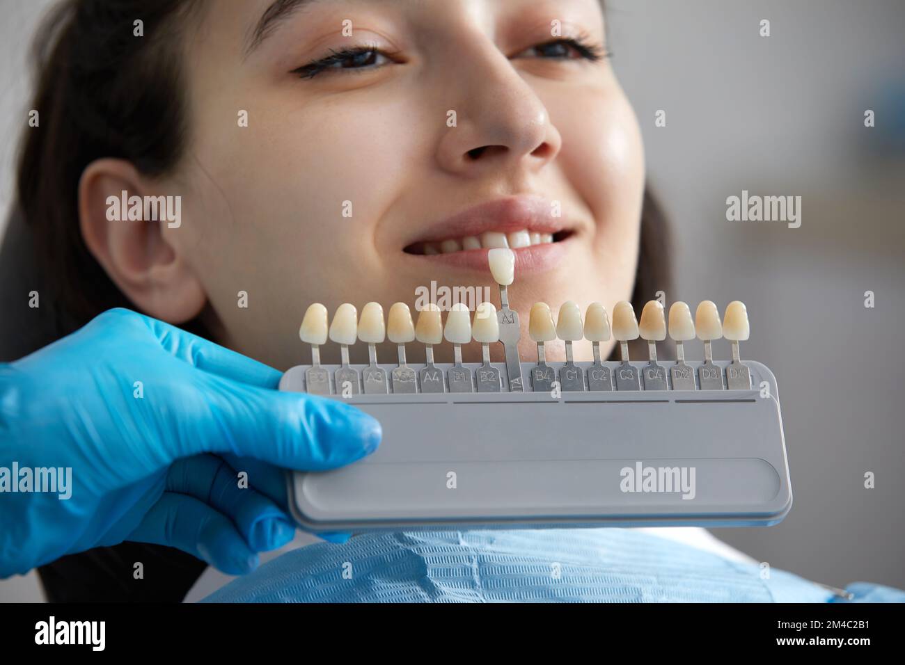 Dentist choosing color of tooth enamel for patient. Dentist applying