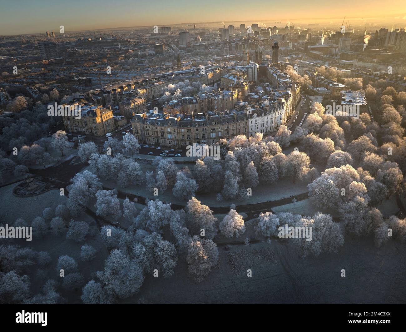 Aerial shot of Park Circus, Glasgow from Kelvingrove Park with all  the trees covered in hoarfrost after several days of sub-zero temperatures. Stock Photo