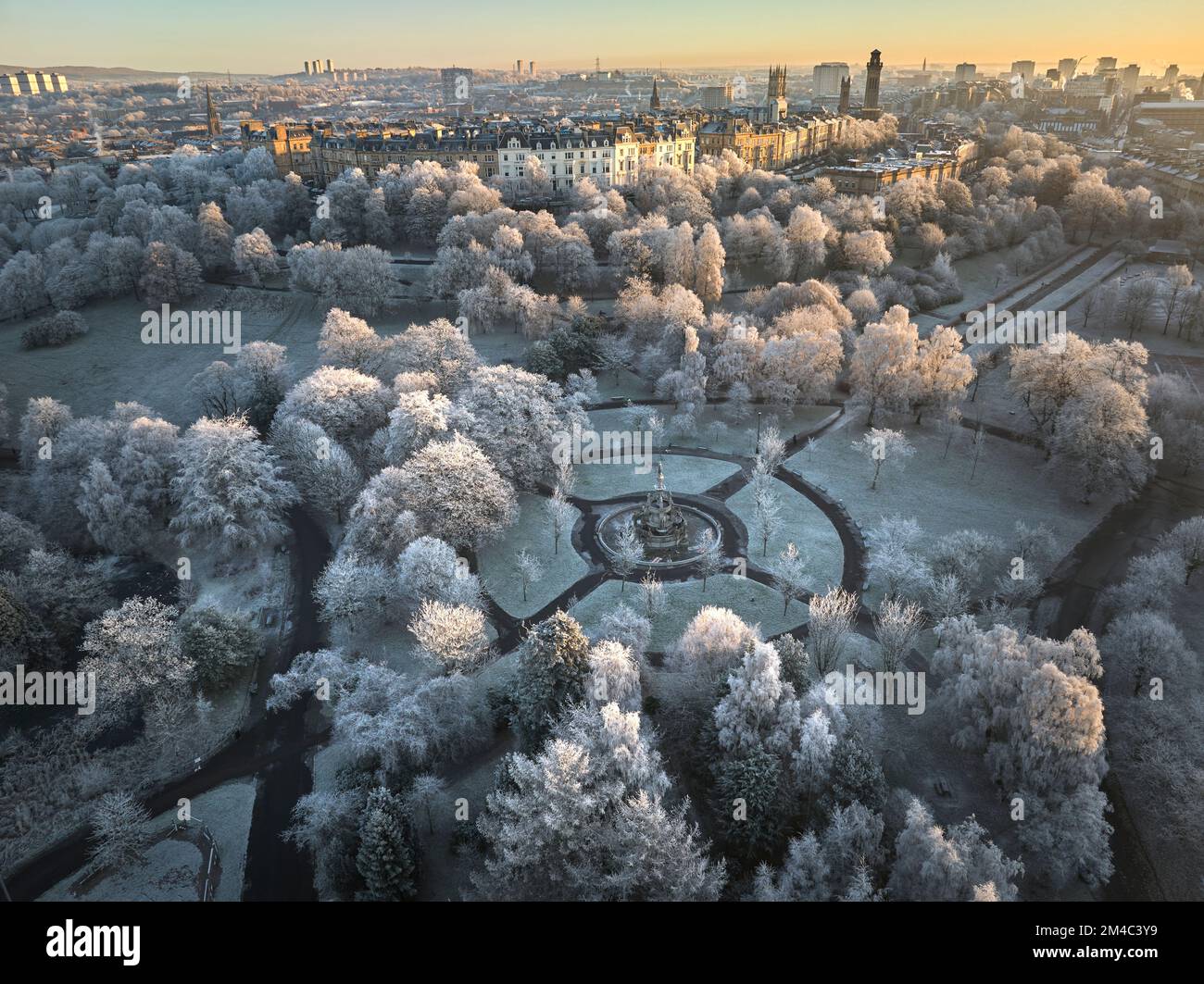 Aerial shot of Park Circus, Glasgow from Kelvingrove Park with all  the trees covered in hoarfrost after several days of sub-zero temperatures. Stock Photo