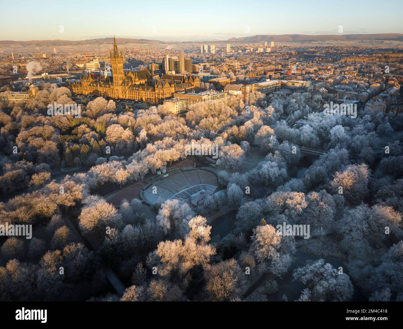 Aerial shot of University of Glasgow and Kelvingrove Park with all the trees covered in hoarfrost after a period of sub-zero temperatures. Stock Photo