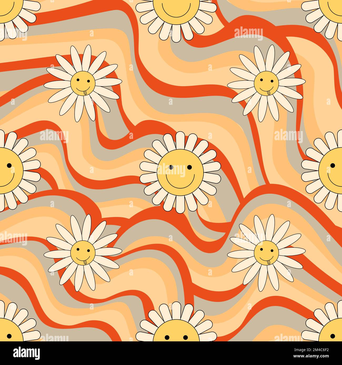 Groovy pattern with vintage daisy 70s 60s lsd elements vector