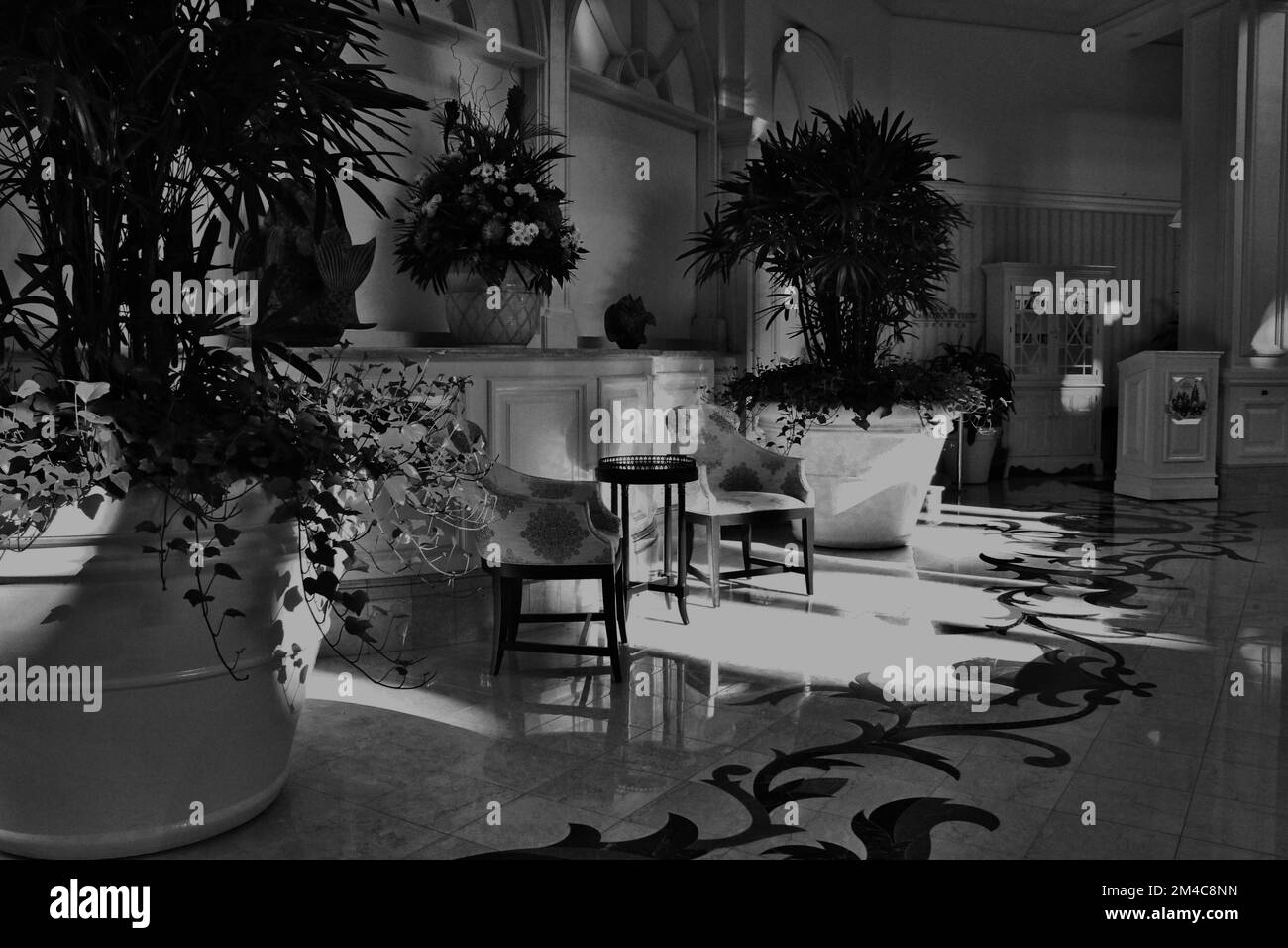 Black and White picture of a luxury hotel lobby in a classical style, Orlando, Florida. Stock Photo