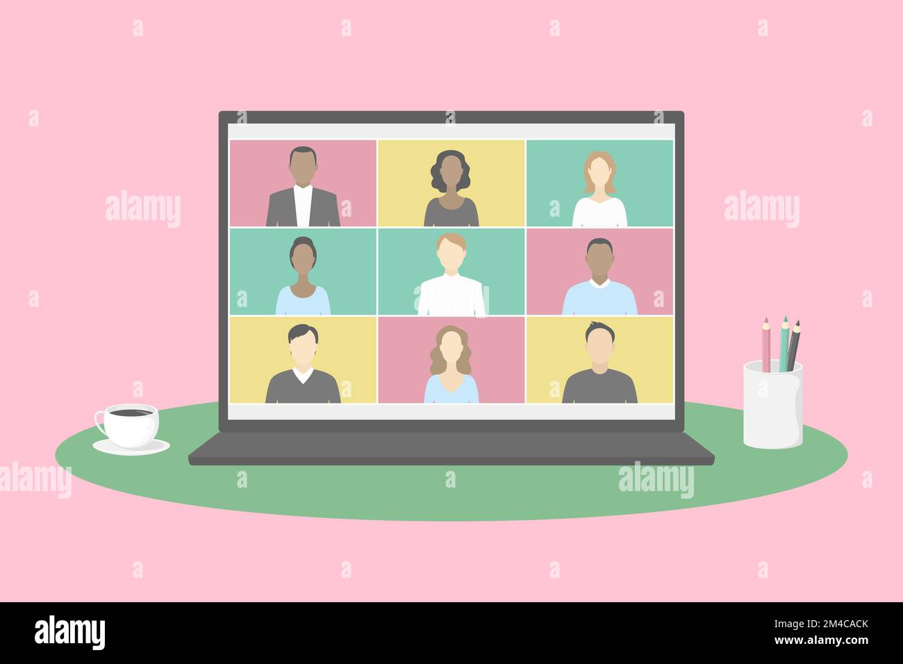 Group video chat app on laptop. Teleworking. Vector illustration. Stock Vector