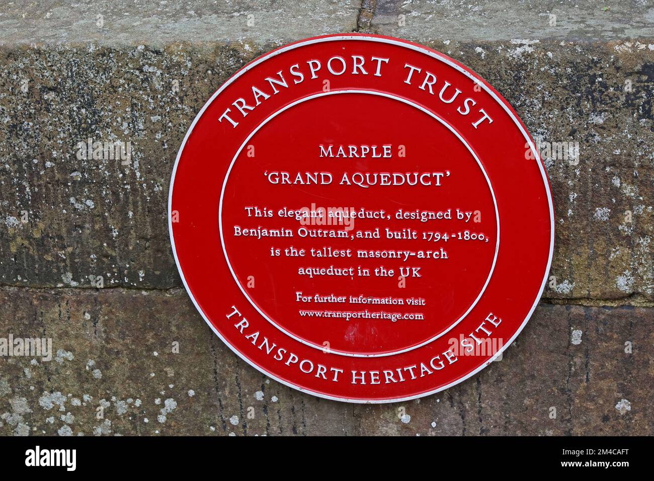 Transport Trust, red plaque, Marple grand canal aquaduct (Goyt Aquaduct), Marple, Stockport, Cheshire, England, UK, SK6 5LD Stock Photo
