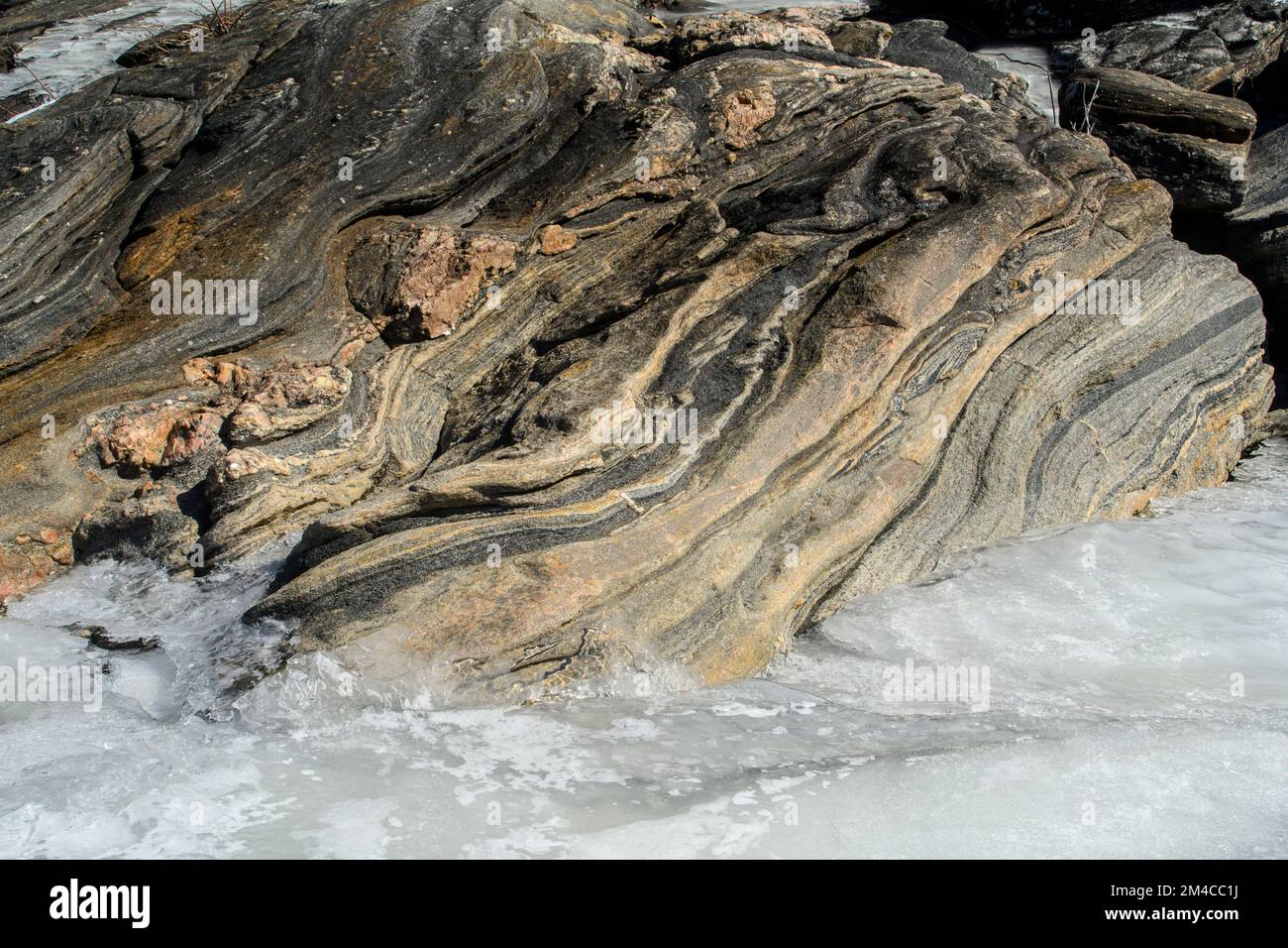 Georgian Bay shoreline in late winter. Ice, Canadian Shield rocks ...
