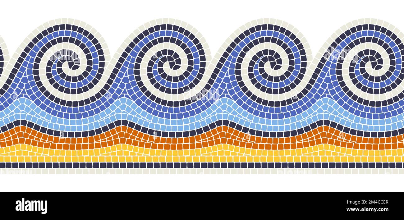 Roman Wave Pattern Ancient mosaic wave seamless border. Decorative antique stone ornament ...