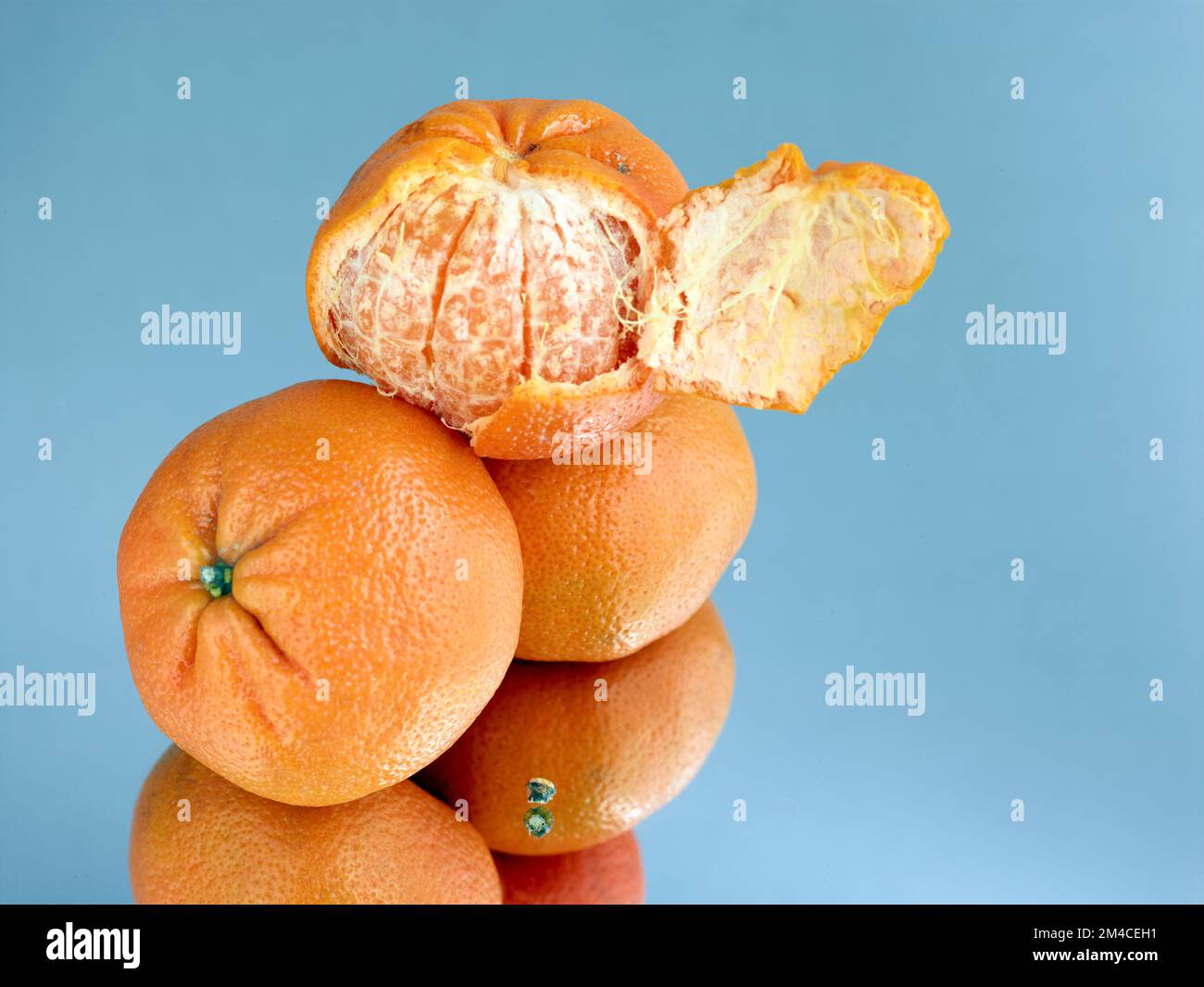 Easy peel sweet Tangerines on clean neutral background. Natural close up fruit portrait Stock