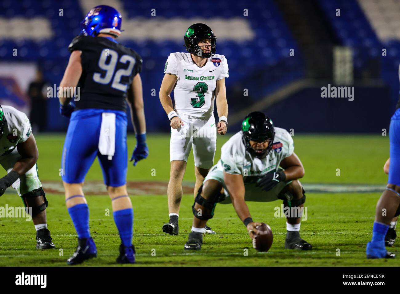 North Texas Mean Green quarterback Stone Earle (3) during the 4th quarter of the 2022 Frisco Bowl college football game, at Toyota Stadium Saturday, D Stock Photo