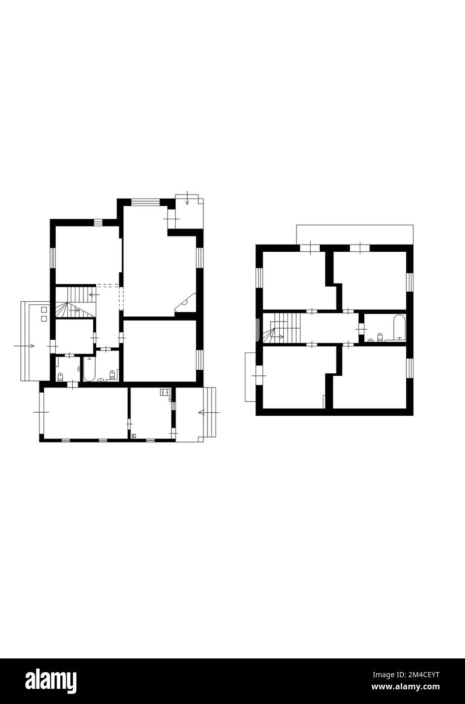 Drawing floorplan. 2d floor plan. Black&white floor plan. House with interior, floor plan, blueprints and colored walls on a white background. Stock Photo