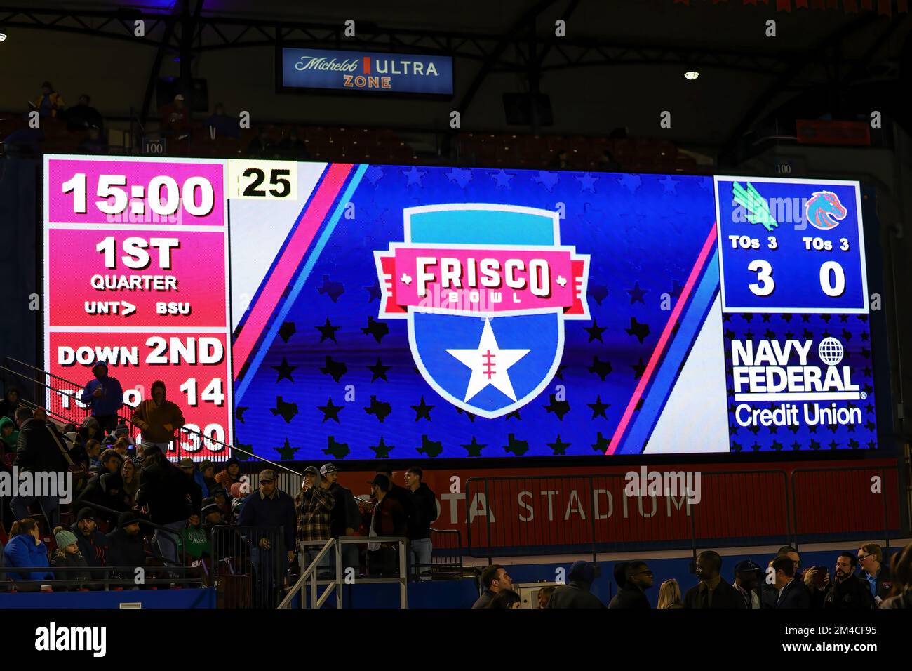 Toyota Stadium scoreboard at the end of the 1st quarter of the 2022