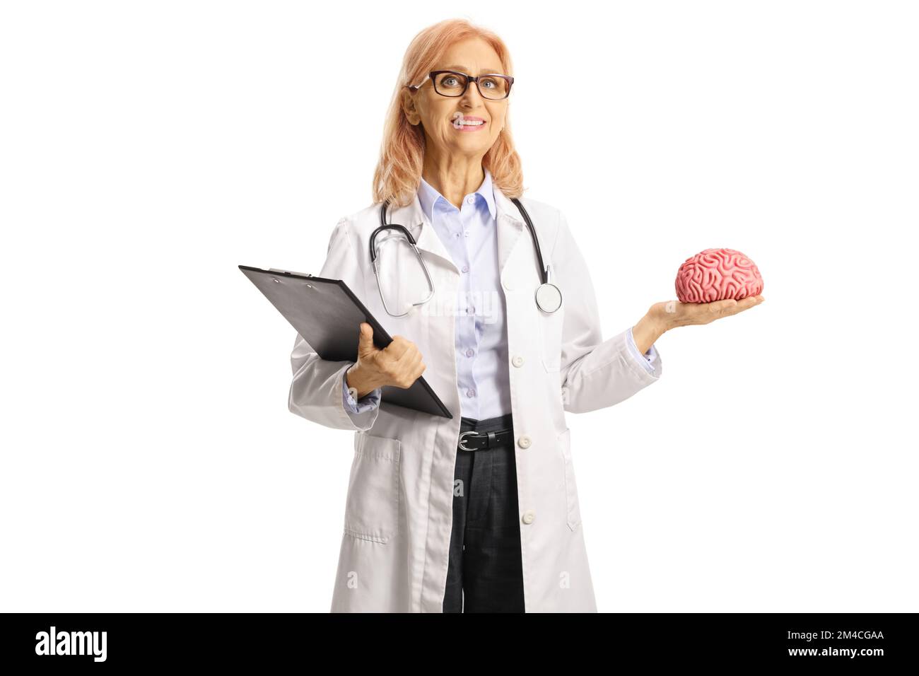 Female neurologist holding a brain model isolated on white background ...