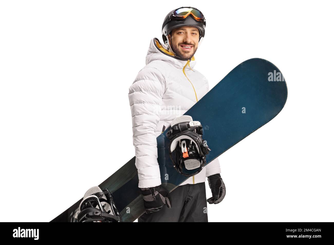 Man in a jacket holding a snowboard isolated on white background Stock ...