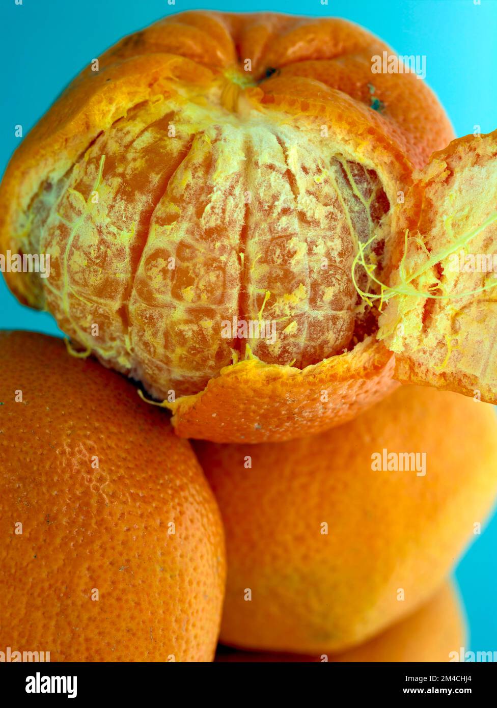 Easy peel sweet Tangerines on clean neutral background. Natural close up fruit portrait Stock