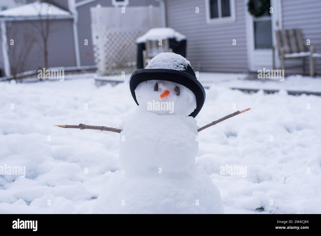 A snowman wearing a black hat and a carrot nose Stock Photo - Alamy