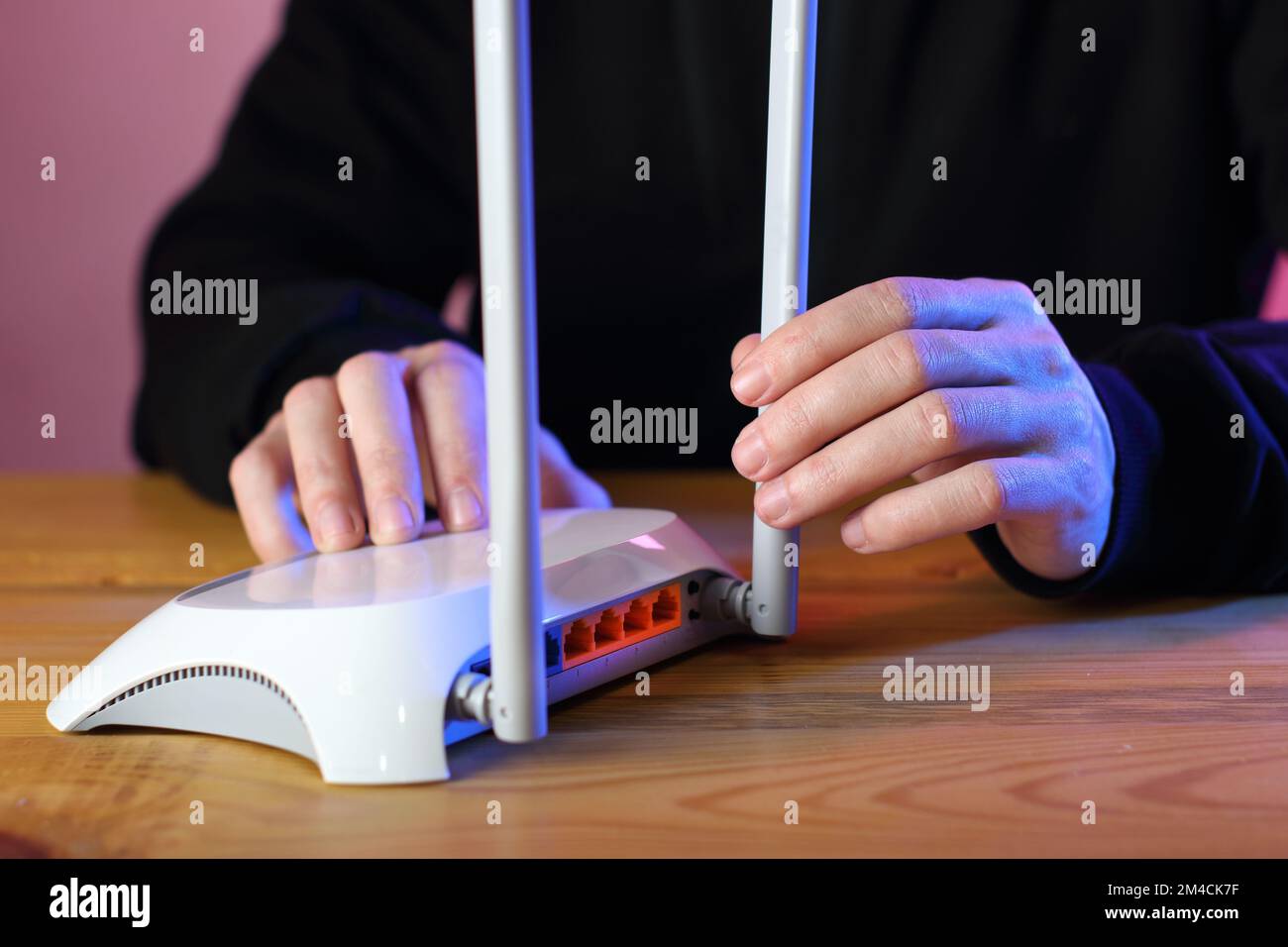 Person Programming A Router person setting internet router antennas on wooden table and pink ...
