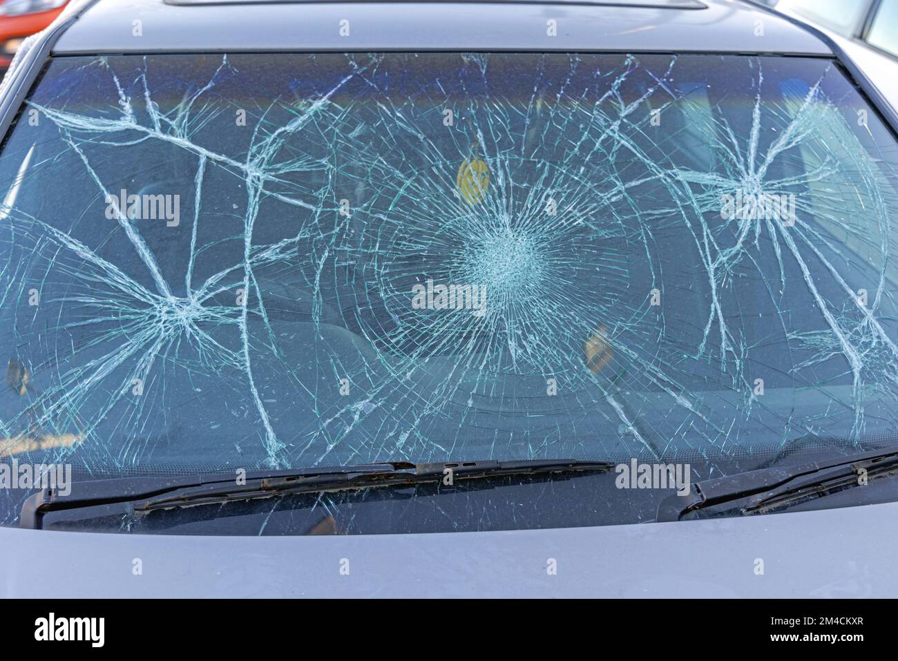 Broken Windscreen Cracked Glass Total Damage Hail Storm Stock Photo