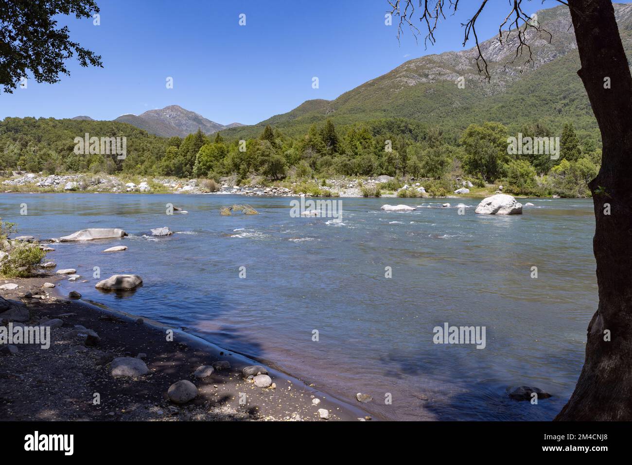 Landscape at Nuble River at San Fabian de Alico in Maule, Chile Stock Photo