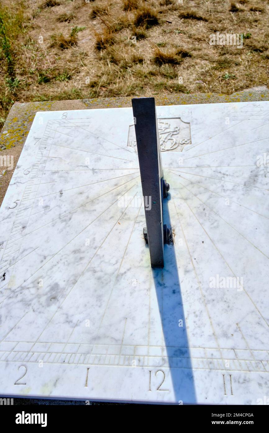 Out and about on the Ertholmen islands, old historical sundial from 1765 on Christiansö, Ertholmene, Denmark. Stock Photo