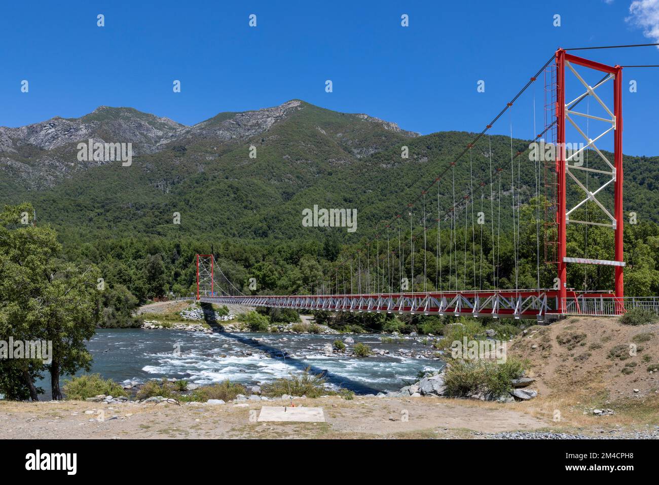 Pasarela Veguillas bridge over the Nuble River at San Fabian de Alico in Maule, Chile Stock Photo