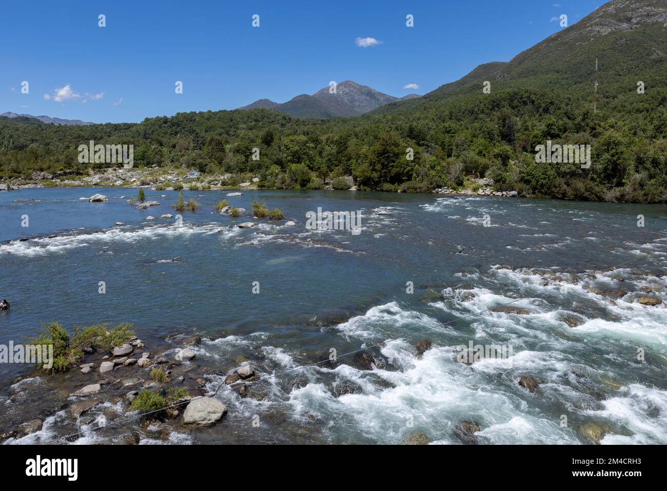 View from the Pasarela Veguillas bridge over the Nuble River at San Fabian de Alico in Maule, Chile Stock Photo
